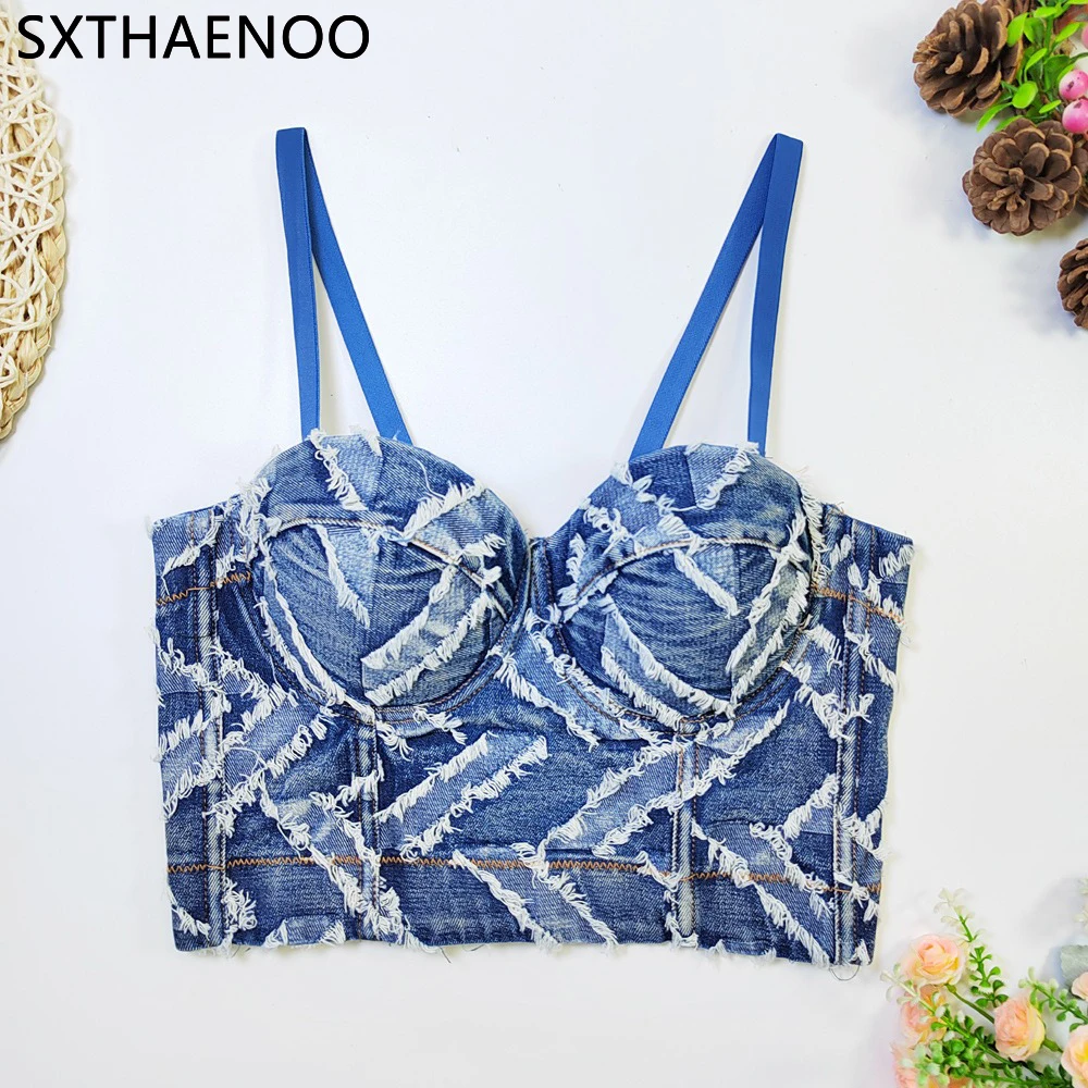 SXTHAENOO Creative Design Tank Tops Women With Built In Bra Denim Blue Streetwear Woman Vintage Jeans Spaghetti Strap Corset Top