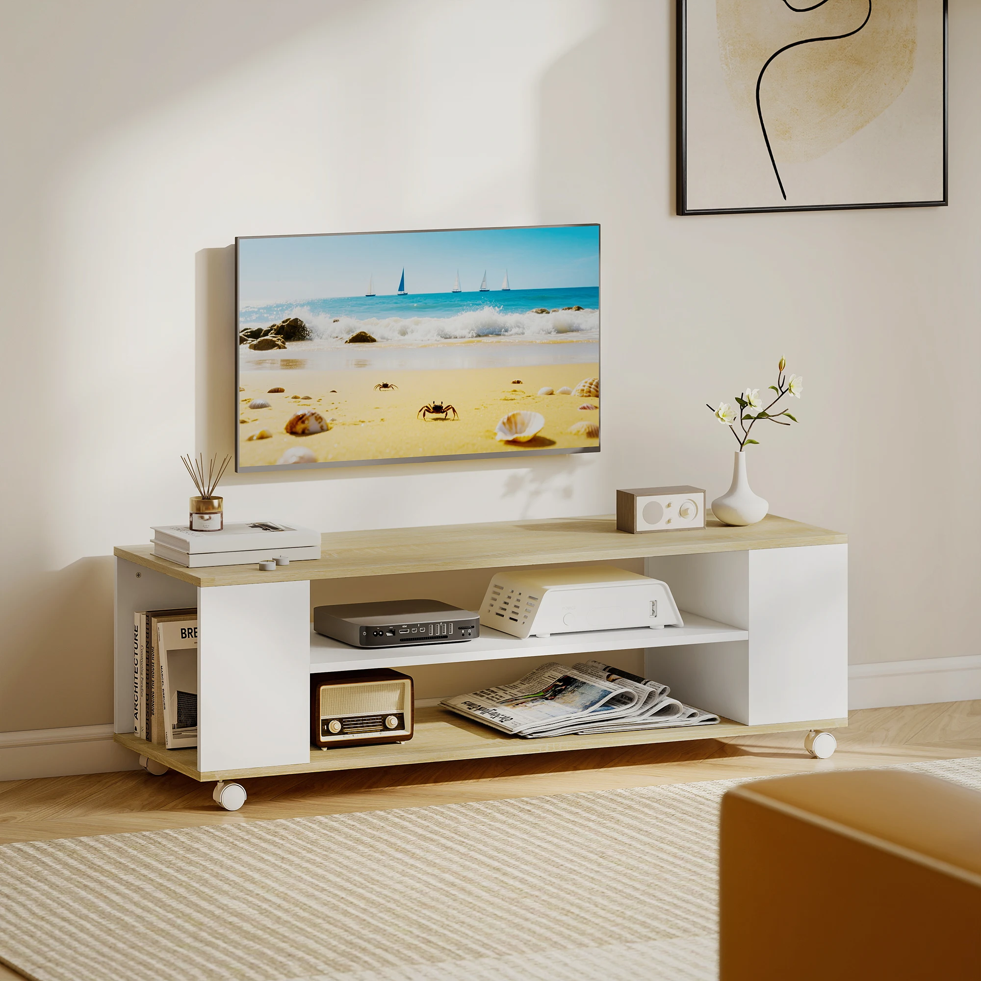 Mueble TV HOMCOM con ruedas, 120 cm, mueble para televisores de hasta 55 pulgadas, 2 estantes abiertos, blanco y natural