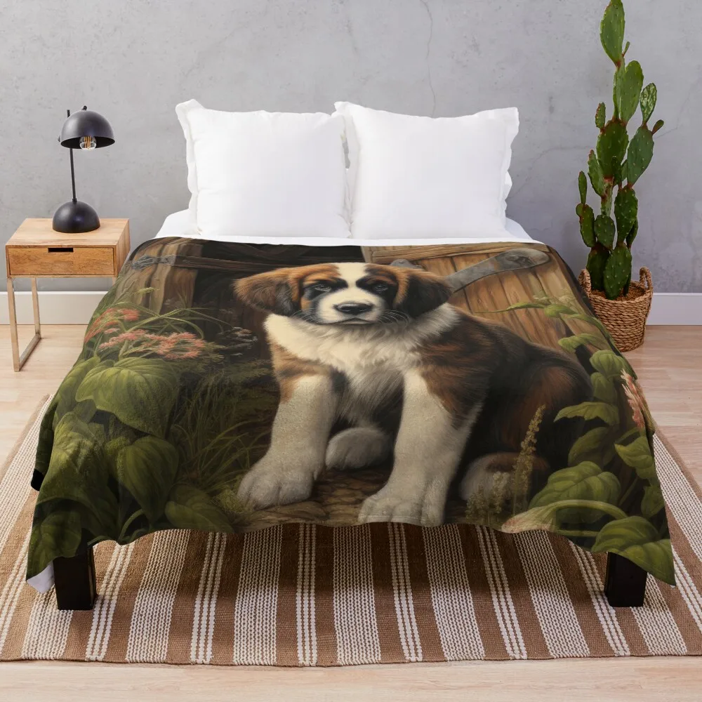 

cute Saint Bernard puppy dog in garden with flowers Throw Blanket funny gift Sofa Throw Flannel Fabric Baby Blankets