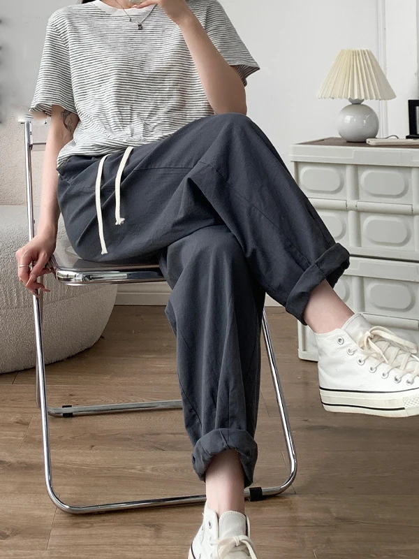 Cotton Linen Harem Pants for Women 2024 Spring Summer Gray Basic Soft Slim Ankle-length Trousers Women's Cargo Pants Joggers