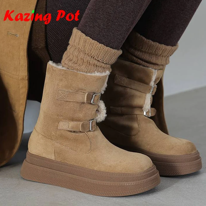 Krazing Pot Flock Fashion Round Toe Flat Platform Thick Bottom Snow Boots Keep Warm Fur Winter Leisure Metal Buckle Ankle Boots