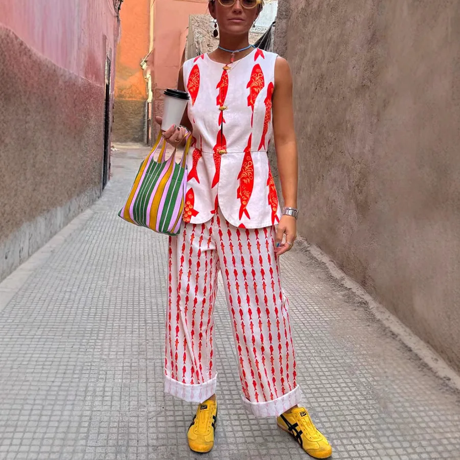 2025 Nuovo set canotta stampata Set elastico in vita allentato Set da due pezzi Completo da donna Pantaloni lunghi Chiusura con bottoni