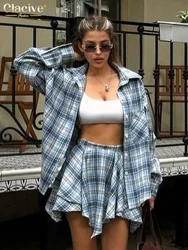 Clacive Fashion Loose Plaid 2 Stück Sets Frauen Outfit elegantes Langarmhemd mit hoher Taille Plissee Minirock Set weiblich