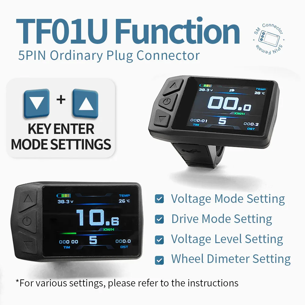 شاشة KT TF01U مناسبة لوحدة تحكم KT مع منفذ شحن USB 24 فولت/36 فولت/48 فولت دراجة كهربائية ملونة شاشة LCD TFT Ebike Par
