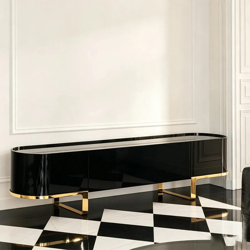 Italian European TV cabinet with gold metal legs and black paint oval living room cabinet, suitable for family and villa use
