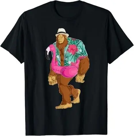 Bigfoot Sasquatch Pink Flamingo Aloha Beach Hawaiian Party T-Shirt