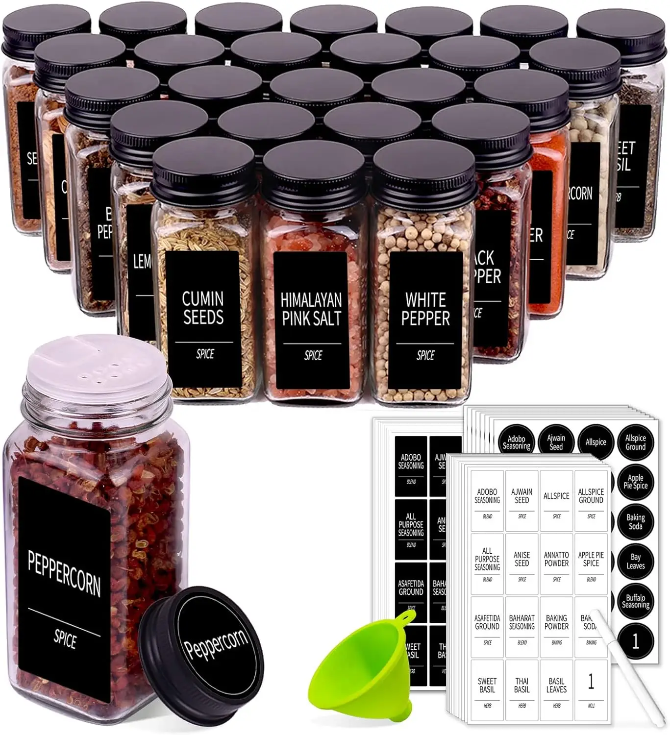25 Spice Jars with 547 Labels- Glass Spice Jars with Black Metal Caps, 4oz Empty Spice Containers with Shaker Lids, Funnel, C