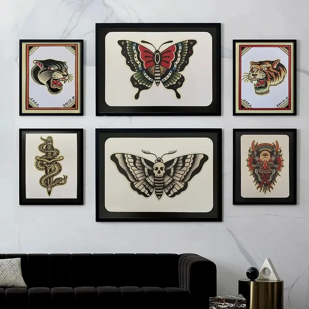 Scandinavian Classic Fangs Flowers Butterfly Tattoos Skulls Wall Art Canvas Painting Posters for Living Room Modern Home Deco