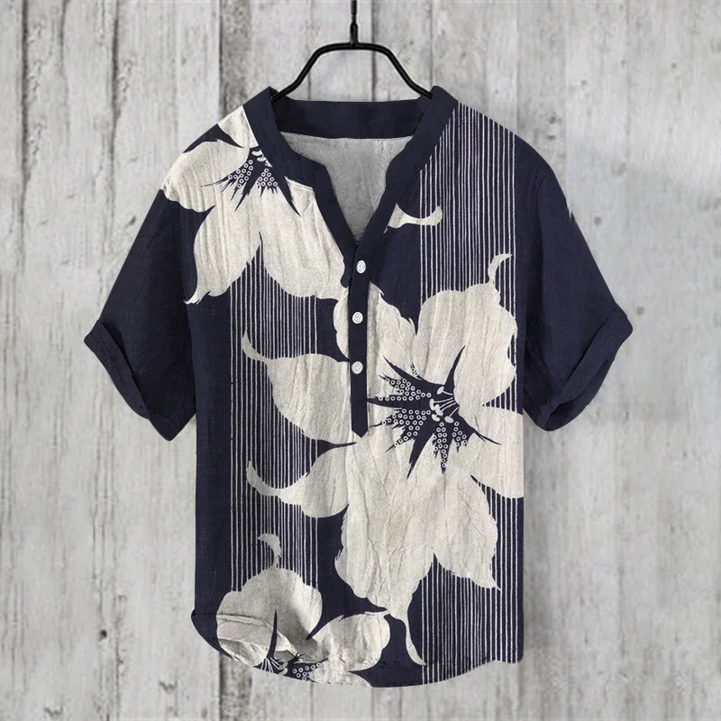 Men's Clothing Casul Shirts Summer Fashion Tops Henry Shirt Mens Clothing 2024 Print Short Sleeve Vintage Clothes Offer Cardigan