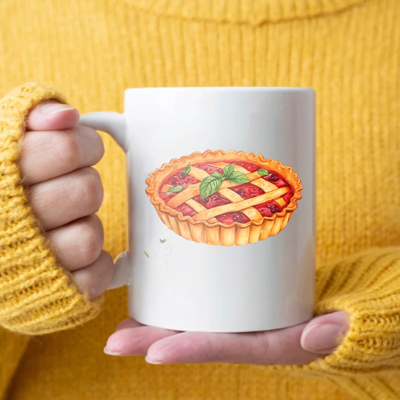 Ceramic mug, white cherry pie with basil leaf design, home-friendly coffee and tea set, suitable for autumn and winter