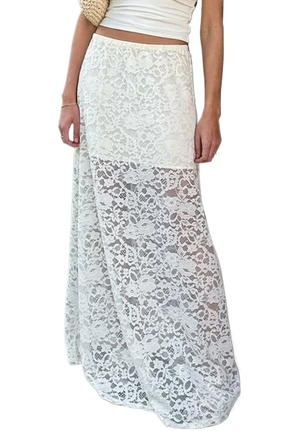 Skirts Women Ankle Length Skirt A Line Outerwear High Waist Elegant Floral Lace Splice Y2k Streetwear Work Holiday Beach Autumn