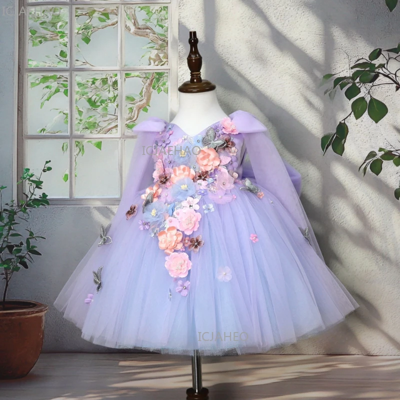 

Purple Handmade 3D Applique Tulle Dress New Kids Dress Formal Party Celebration Gown Eid Gifts Clothing Baby Girl Gown Princess