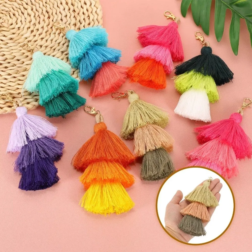 New Bohemian Tassel Keychain Multicolor Triple Layer Purse Charm Luxurious Handmade Car Key Ring Backpack Decoration