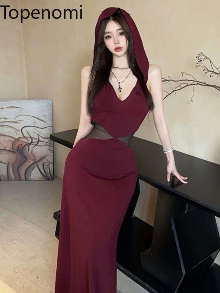 Topenomi Temperament Backless Hooded Evening Dress Women Sexy Patchwork Mesh High Waist Slim Long Graduation Party Dresses Gown