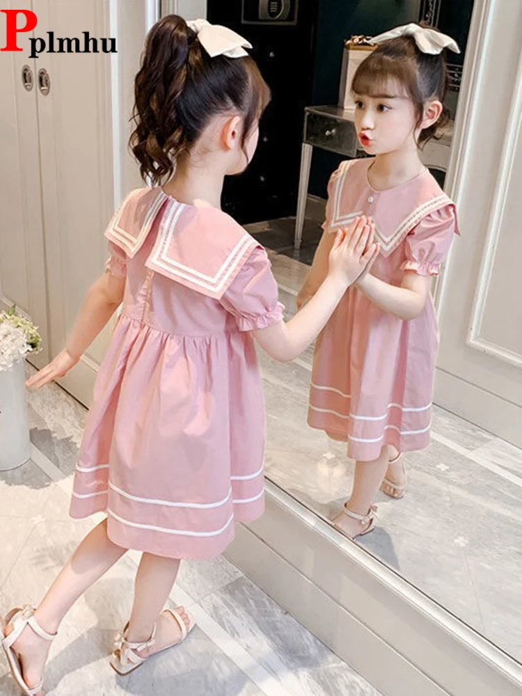 Akademischer Stil Mädchen Kleid Sommer Kurzarm A-Linie Kleider koreanischen Seemann Kragen Midi Elbise Mode lose Baumwolle Kinder Vestido