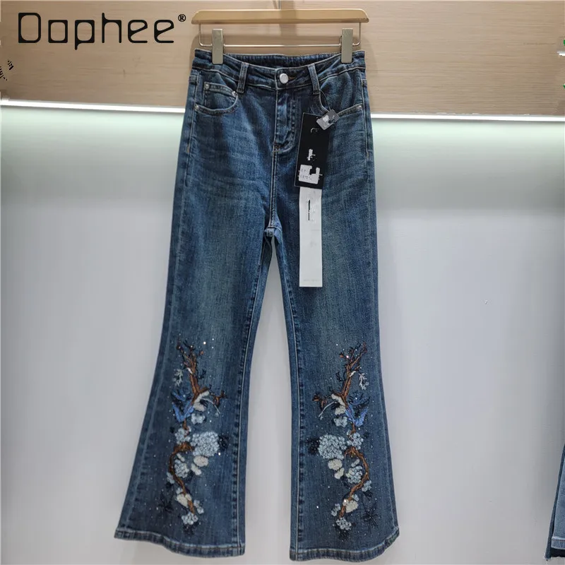 

Blue High-waisted Hot Diamond Embroidered Flower Jeans Women's Casual Trousers 2026 Summer New Fashion Elastic Slim Flared Pants