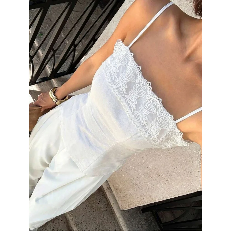 

Women's Spring/Summer New Design Lace Trim Camisole Top, Unique Minimalist Short Cropped White Boho Western Top,Summer