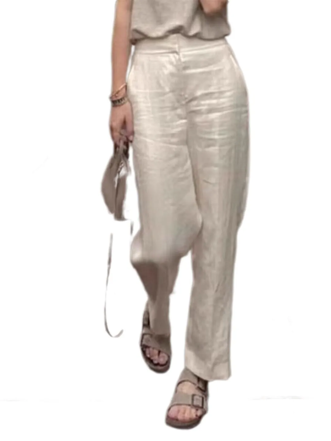 بنطلون نسائي واسع الساق بأسلوب ياباني عتيق، فضفاض وعملي، يمنح مظهراً نحيفاً، بخصر عالٍ وقماش كتان منسدل، قصة مستقيمة بطول تسع...