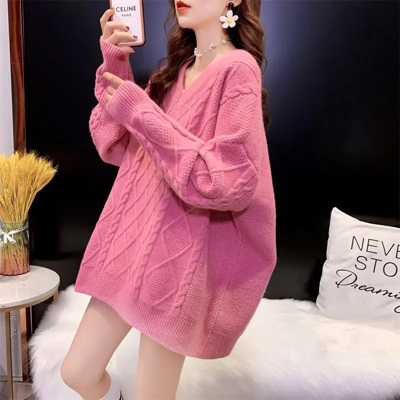 DAYIFUN V-neck Oversized Sweaters Women's Klein Blue Loose Lazy Knitted Pullovers Western Style Bottoming Jumpers Tops Female