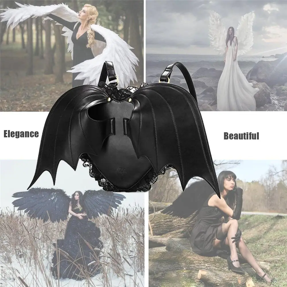 Halloween Bat Wings zaino tracolla regolabile PU Leather Black Angel Daypack Black Women Heart Lolita Bag per le donne