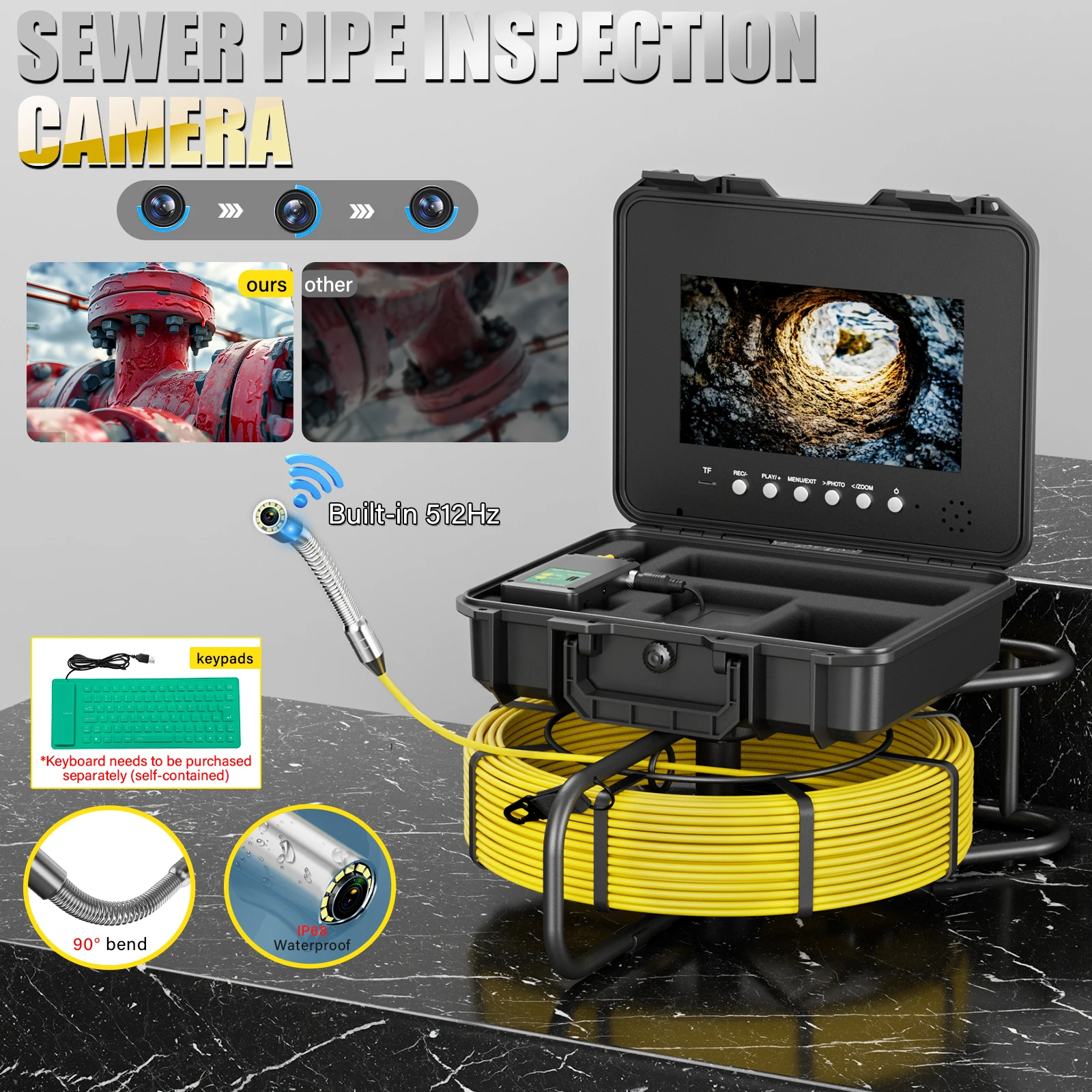 

10Inch Sewer Camera with Locator Meter Counter DVR - 7mm Pipe Camera For Plumbing and Drain Inspection - Auto Self-Leveling 512H