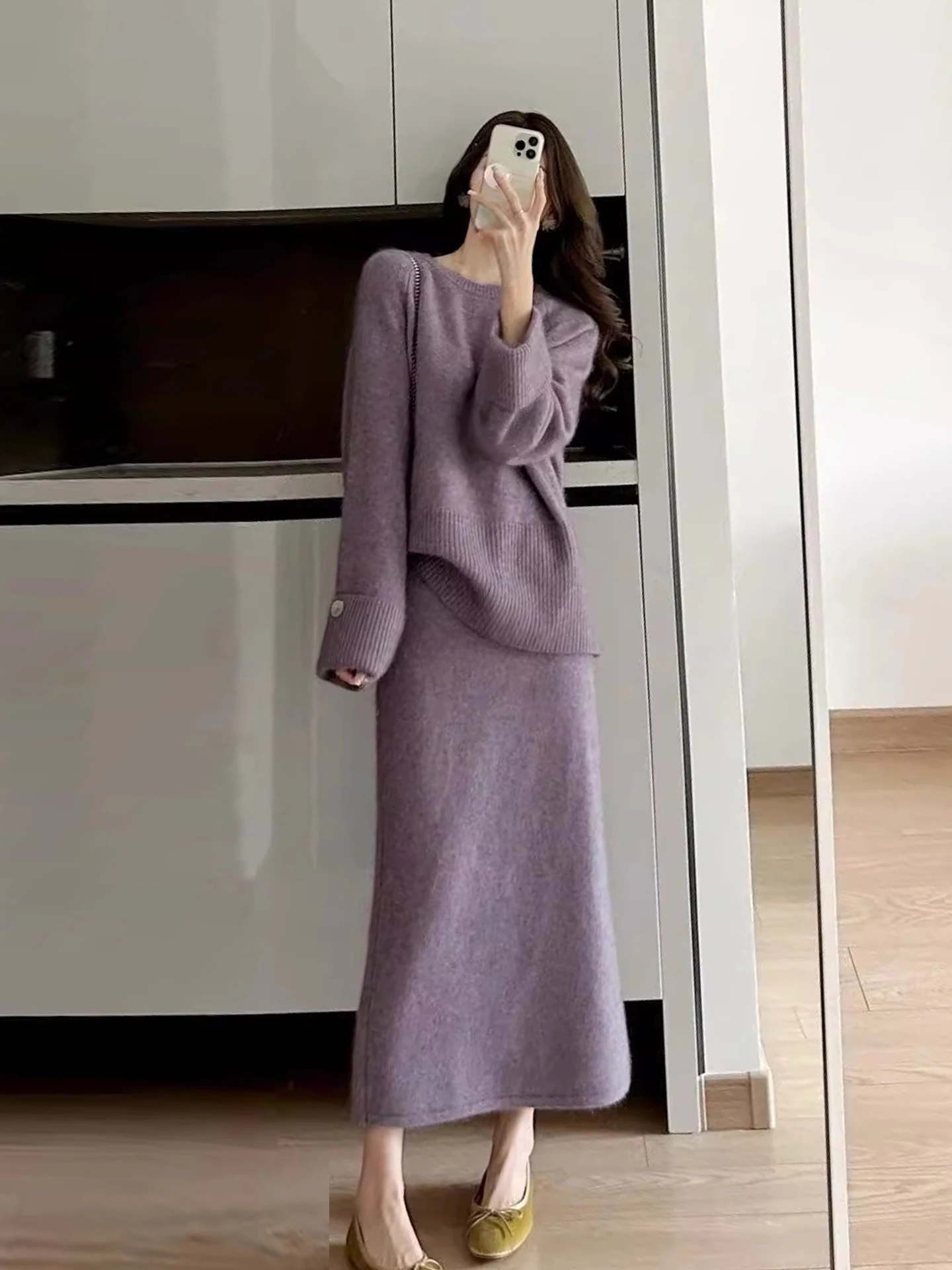 ファッショナブルなハイウエストニットセーターとスカートのセット、女性用ソフトで心地よい冬服、レトロなスリーピースアンサンブル