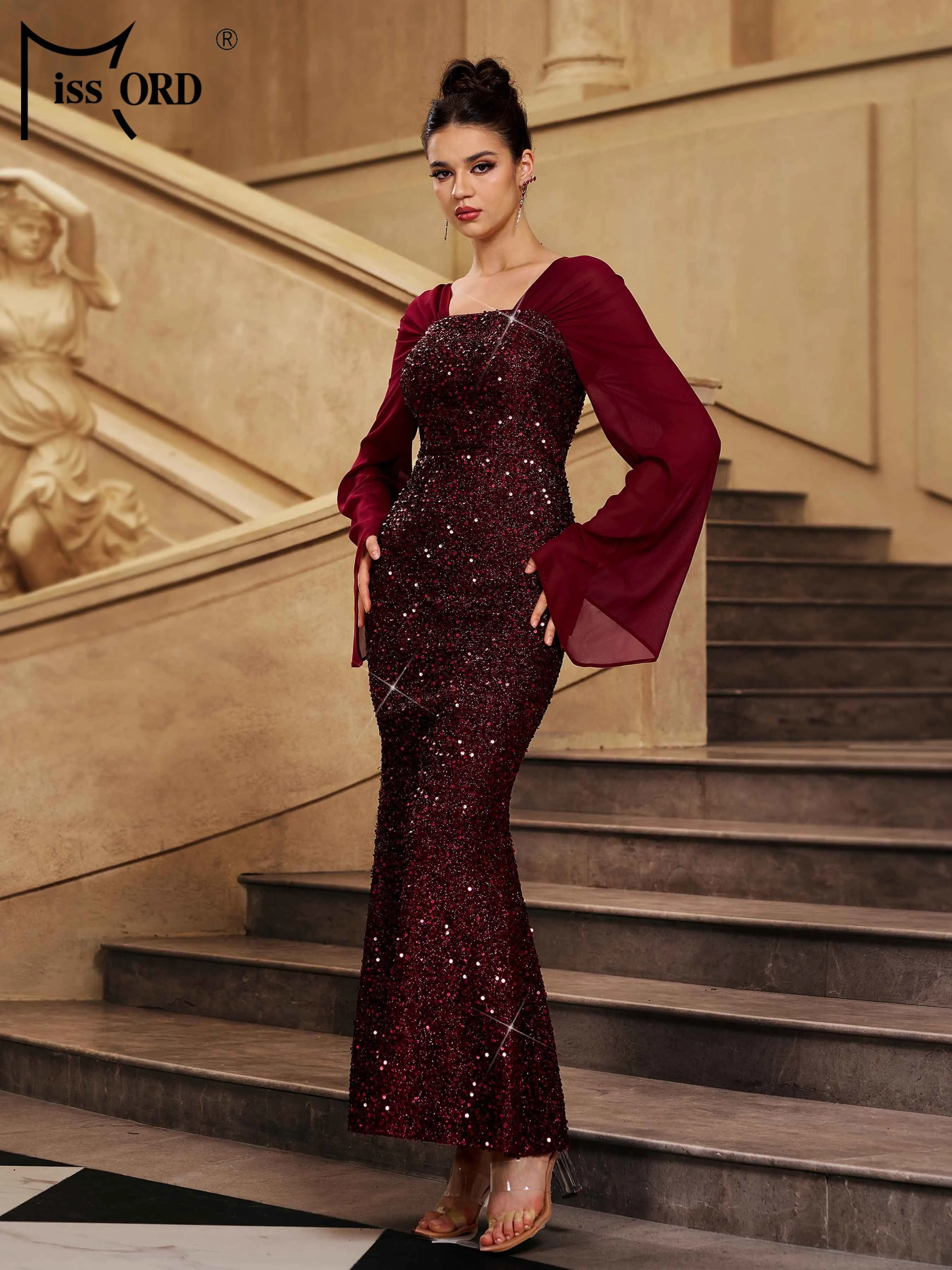 Missord nouveau 2025 église col carré manches évasées paillettes sirène robe de soirée de mariage fête d'anniversaire remise des diplômes robes Maxi