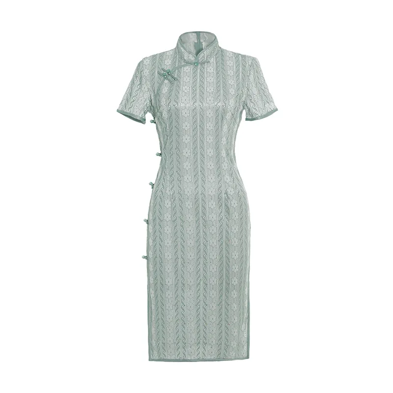 Costume in stile cinese Green Blossom Stripes pizzo Cheongsam colletto alla coreana abito da banchetto Slim Fit con spacco laterale a maniche corte per le donne