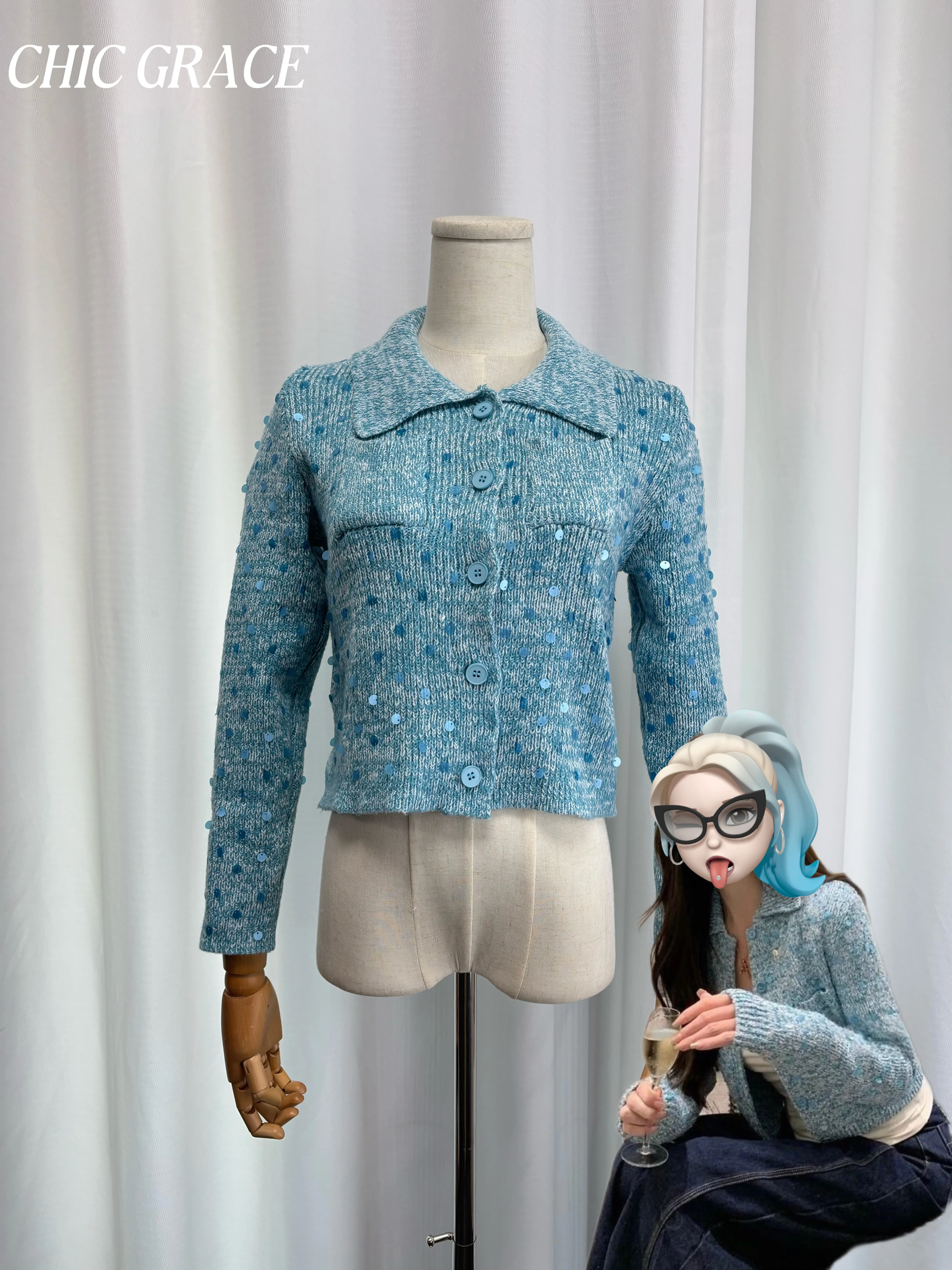 

Real shot Autumn Small Fragrance Style Knit Cardigan Ladylike Short Coat Slim Fit Vintage Wind Light Blue Elegant Slimming Women