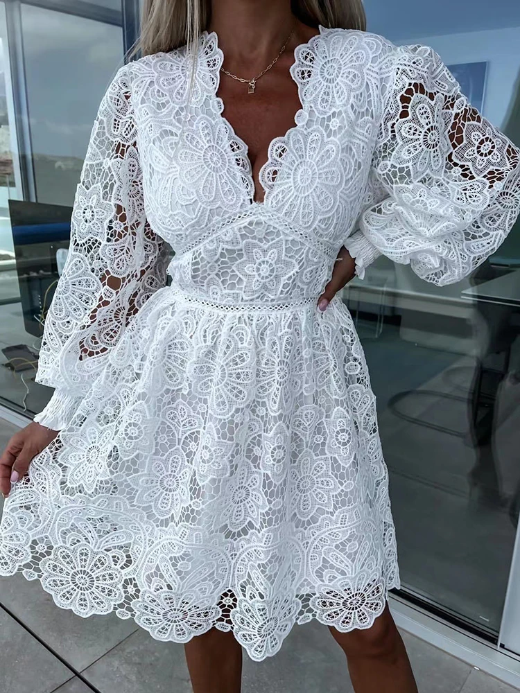 

Summer Office Women Chic Patchwork Lace Dress Elegant Femme Slim Fit V Neck Casual Dress Long Sleeve Hollow Out Loose Mini Dress