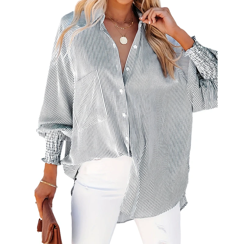 

2024 New Women's Tops V Neck Striped Button Up Blouse Long Sleeve Shirts For Women Tunic Top With Pock