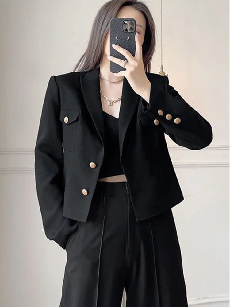 Zoki Casual Black Blazer Coats Women Fashion Slim Long Sleeve Elegant Short Jackets Fall Korean Double Buttons Office Lady Tops