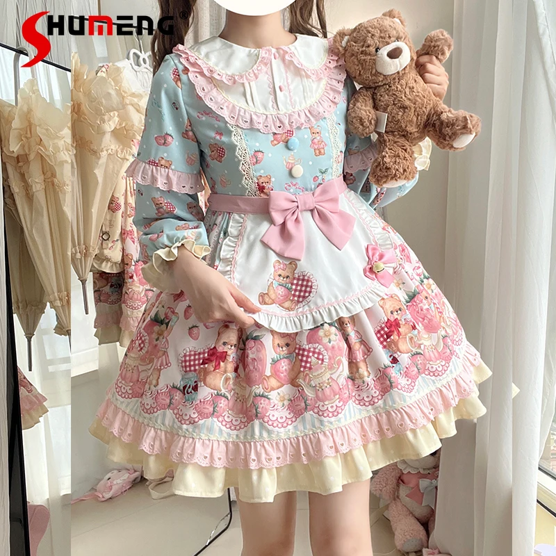 

Sweet Girls Lolita Long Sleeve Dress OP Autumn New Japanese Women Cute Bow Bear Print Kawaii Birthday Dress Y2K Princess Dress