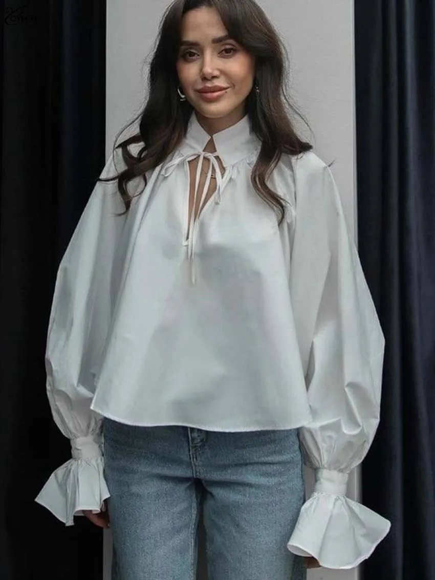 Oymimi Elegant White Cotton Woman Blouses Casual V-Neck Lace-Up Long Sleeve Blouses Fashion Button Loose Blouse Female Clothing