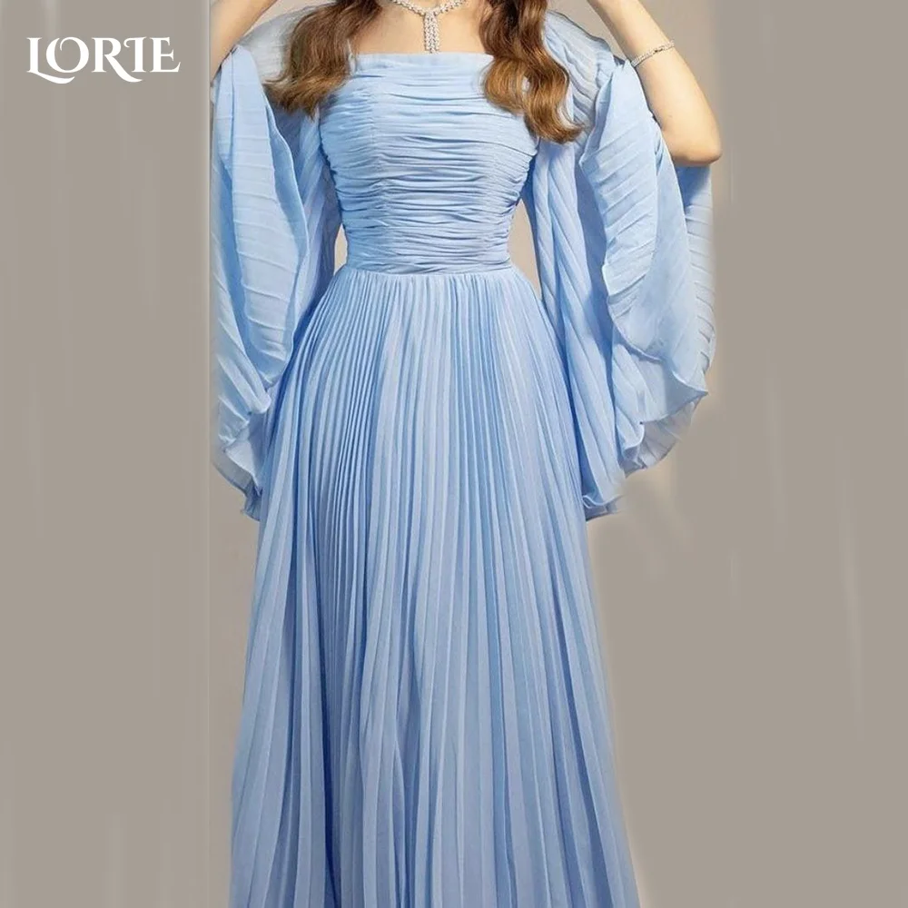 

LORIE Modest Crepe Prom Dress Ruch Saudi Arabia Flare Long Sleeve Floor Length Evening Dress Pleats Arabia Party Gown Customized