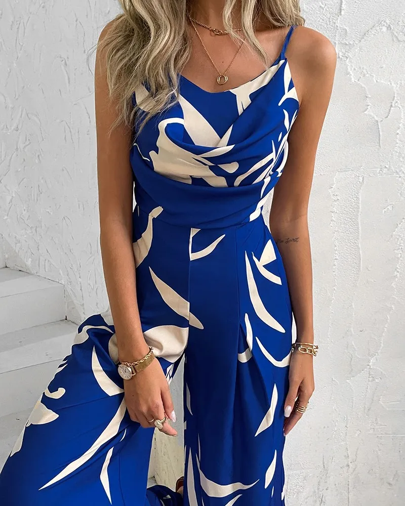 Women Temperament Printed Jumpsuit, Elegant Sleeveless V-neck Bra Open Back And Wide Shoulder Straps Fashionable For Summer 2024