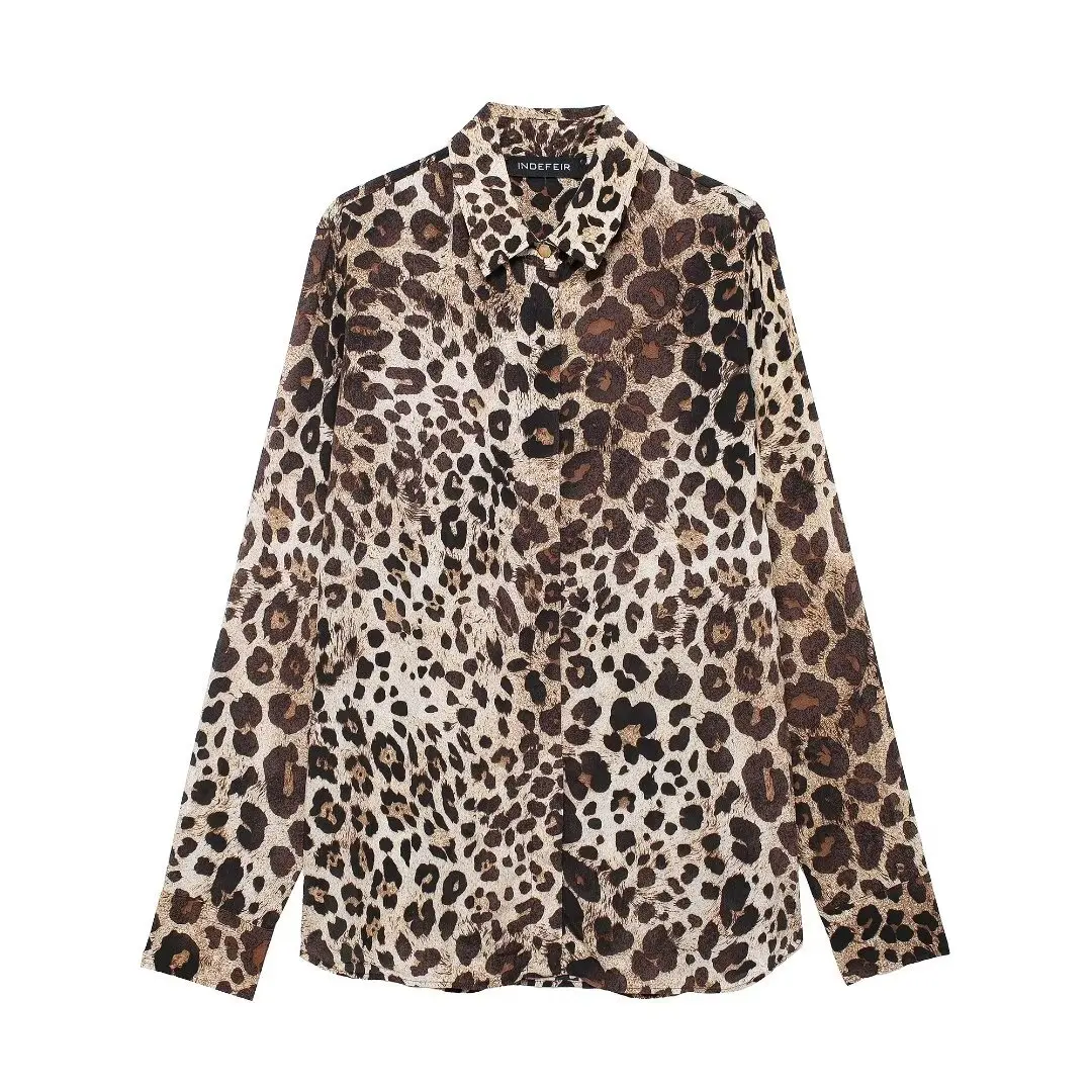 Women's Fashion Lapel Single Breasted Leopard Print Vintage Shirt Tops Women's Long Sleeve Shirt  Autumn