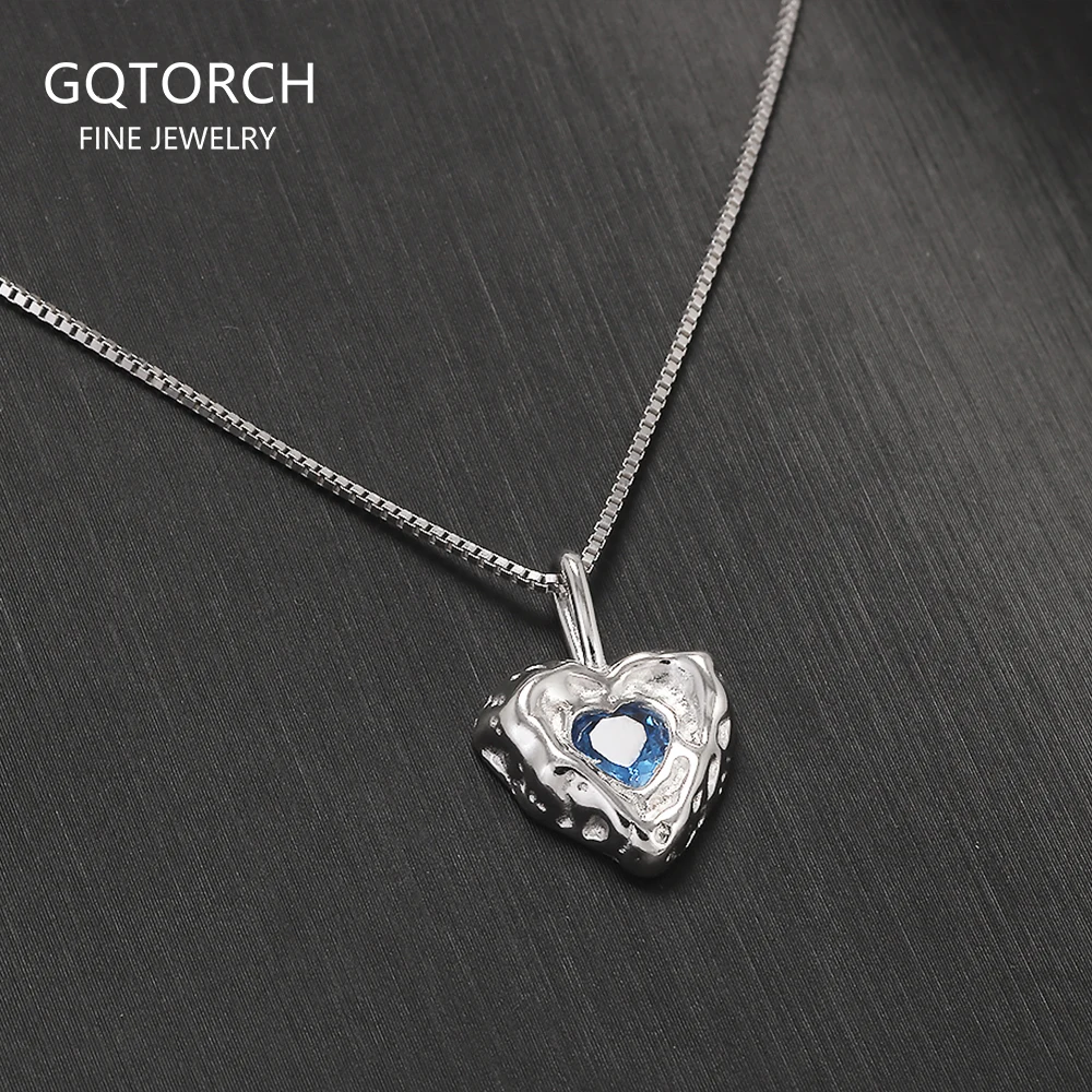 

925 Sterling Silver Blue Crystal Love Heart Necklace for Women Girl Romantic Elegant Fashion Jewelry