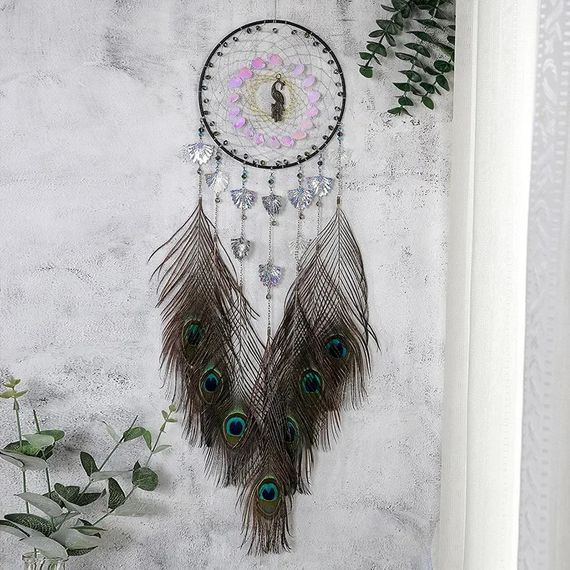 Vintage Peacock Feathers Dream Catcher Crystal Wind Chimes Large Wall Pendants Window Hangings Home Decoration Handmade Ornament