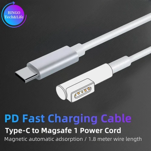 Imagen 2 del producto Cable de carga rápida USB-C (tipo C) a Magsafe 1/2, cabezal L/T magnético para MacBook Air/Pro 45W 60W 85W A1466 A1502 A1398 Series