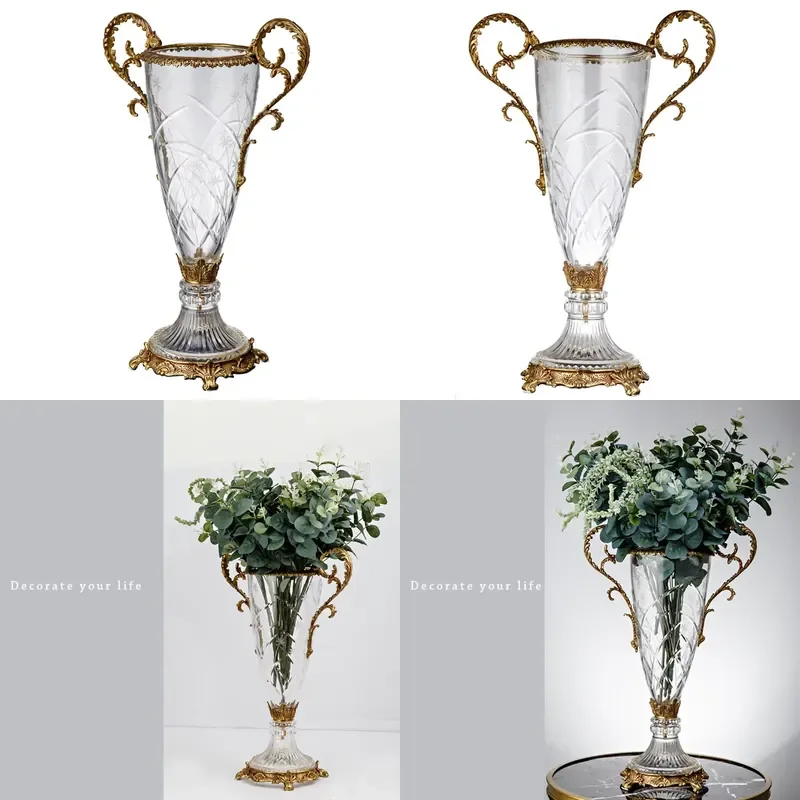 New Design Antique Two Copper Ears clear Crystal Ornamental Flower Jardiniere Pot Stand Home Decor Vase
