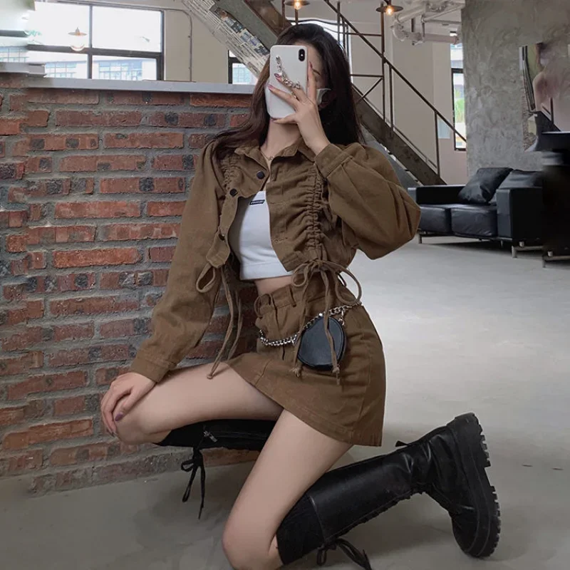 

Denim Cargo Skirts Sets Women Fashion Long Sleeve Drawstring Crop Jackets + High Waist Mini Skirt Two-piece Suits