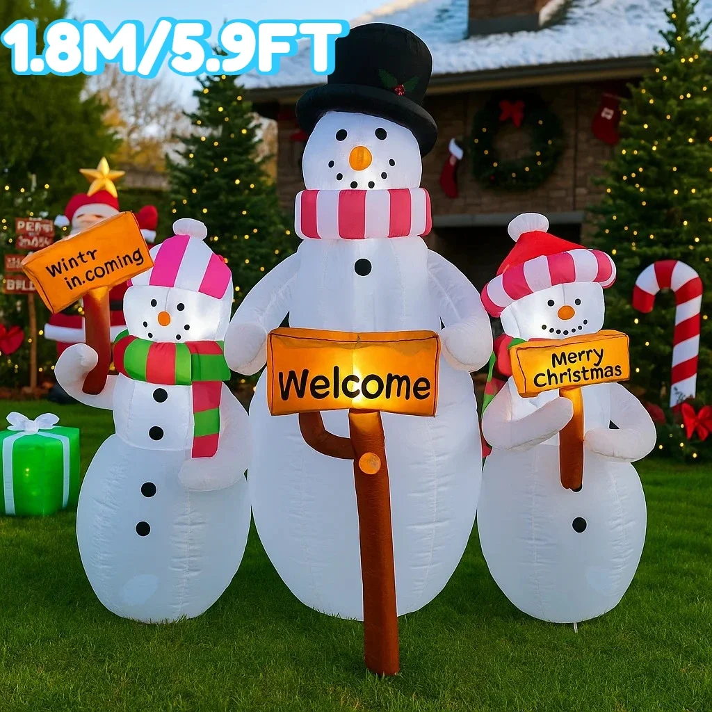 

1.8M/5.9FT Inflatable Snowman Family with Welcome Sign Lights LED Home Decorations Toys Yard Xmas Holiday Decor Supplies Party