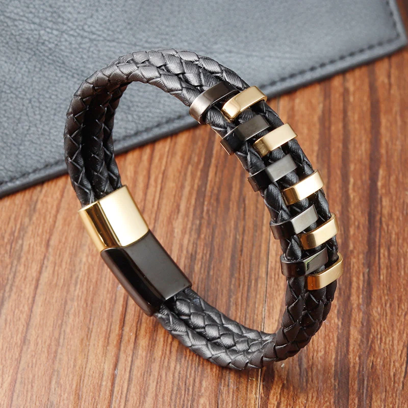 Gothic Luxury Brand Individuation Steel Jewelry Stainless Genuine Men Leather Bracelets