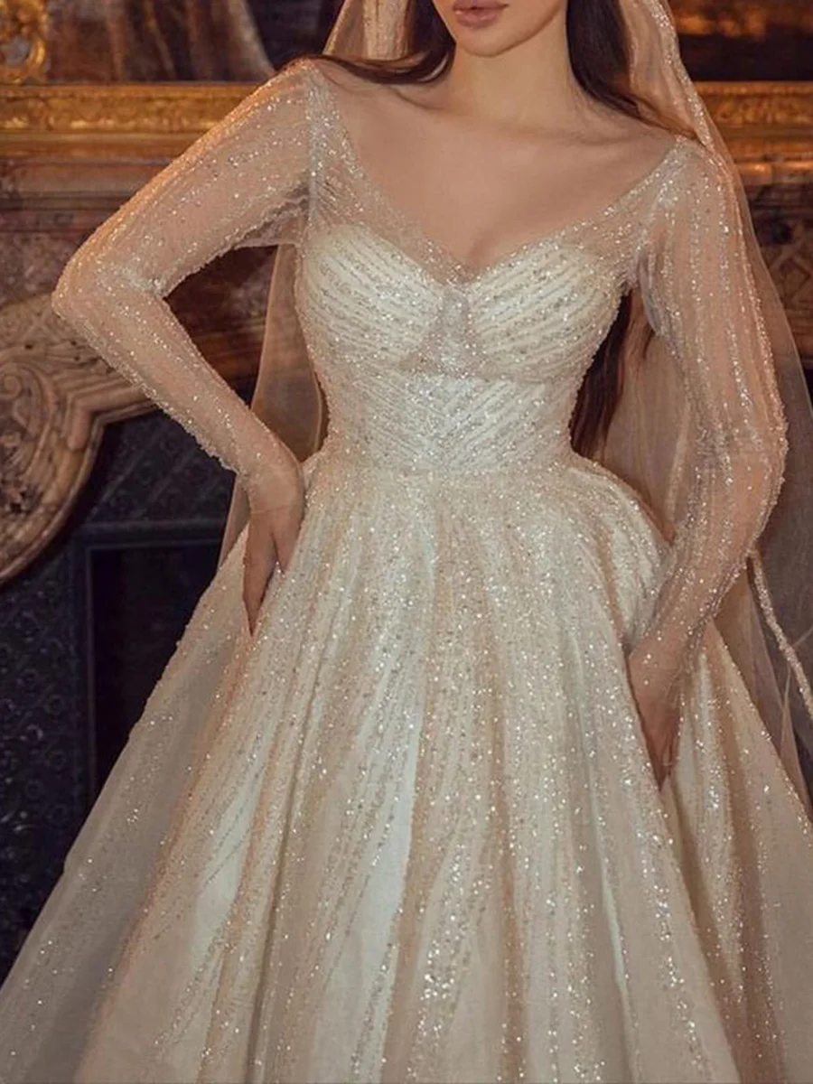 Beading Wedding Dress Exquisite Bridal Floor Length Sexy Sparkly Crystal Lace Illusion V-Neck Tulle Court Train Dress for Women