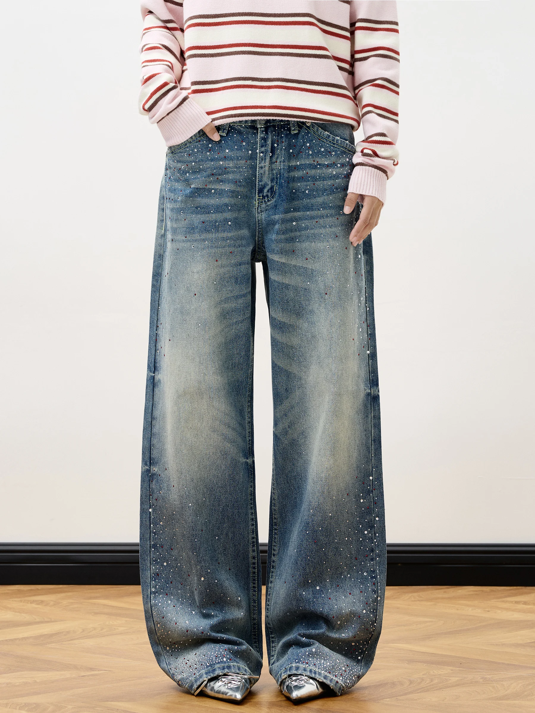 

American Style Vintage Washed Rhinestone Straight Leg Jeans Loose Casual Versatile Pants JUNECUT High-End Design Sensation