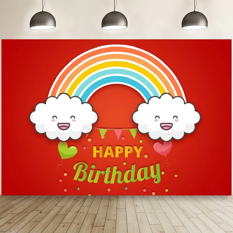 

Red Theme Cartoon Backdrop Background Rainbow Cloud Smiley Children Birthday Party Vinyl Portrait Photography Studio Props