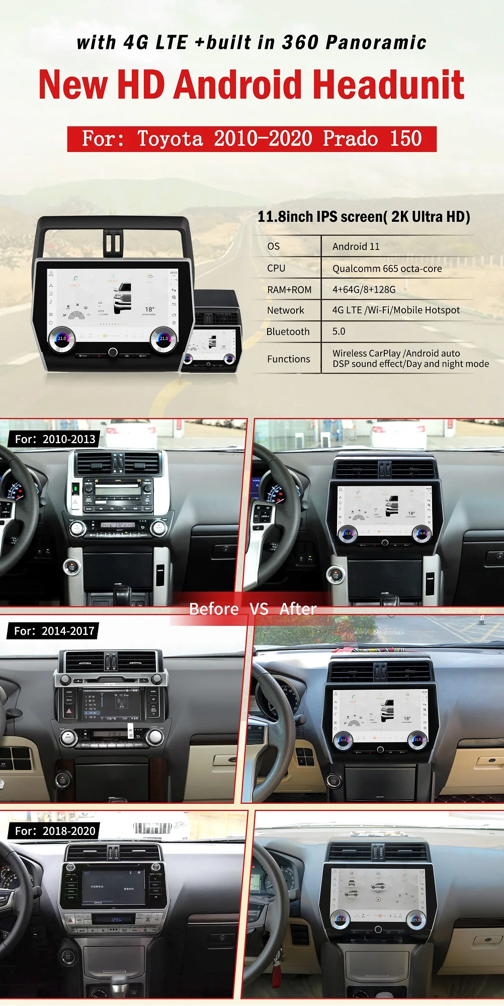 For Toyota Land Cruiser Prado 150 2010-2022 Intelligent Multimedia Video Player GPS Radio CarPlay 5G Navigation Support 4x4