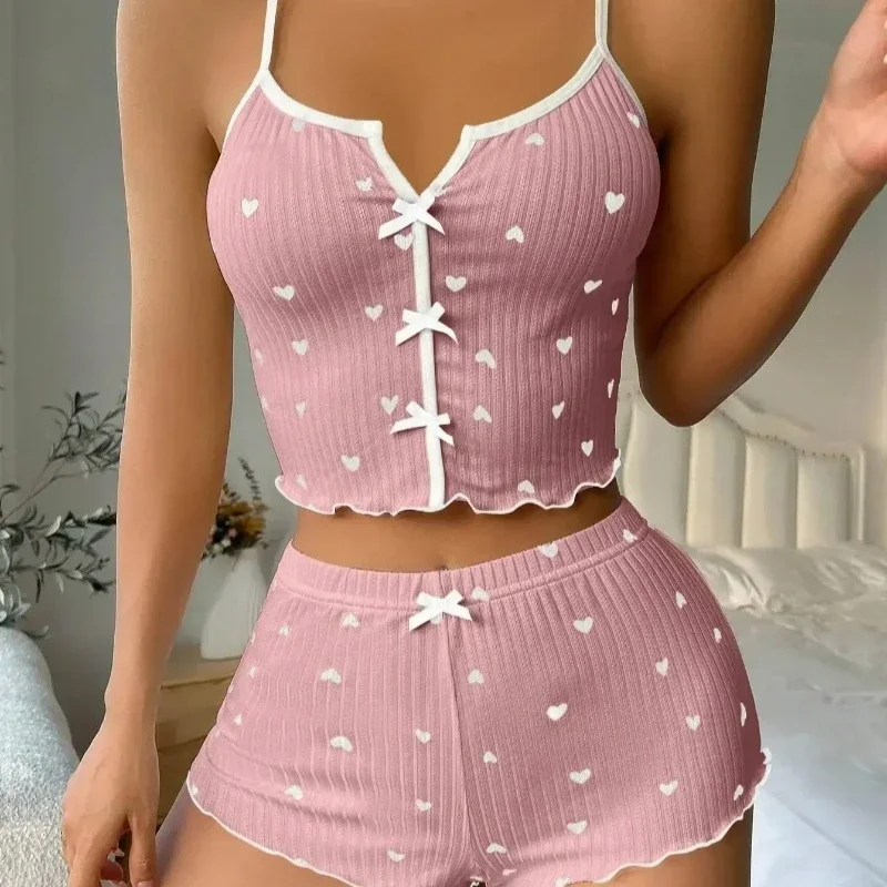 طقم بيجامات نسائي ملابس نوم مطبوع عليه قلب قماش مضلع ناعم مع حواف مكشكشة غير رسمية طقم علوي وسراويل قصيرة ملابس للاستلقاء #6