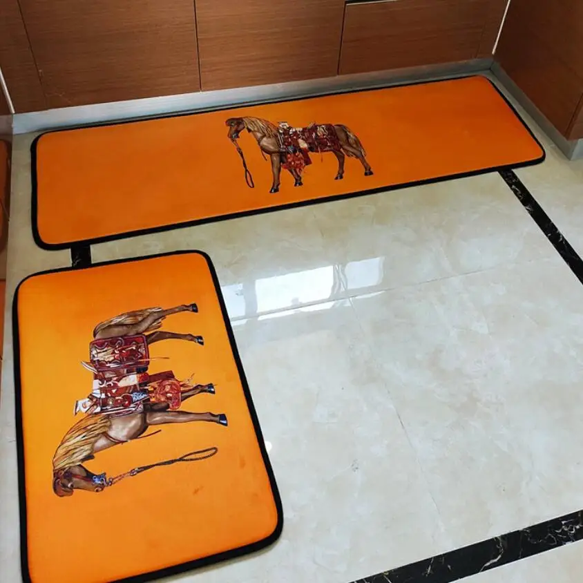 2pcs American Style Carpet Chic Horse Modern Living Room Carpet Kitchen Salon Rug Orange Embossed Geometric Non-Slip Mat Tapis